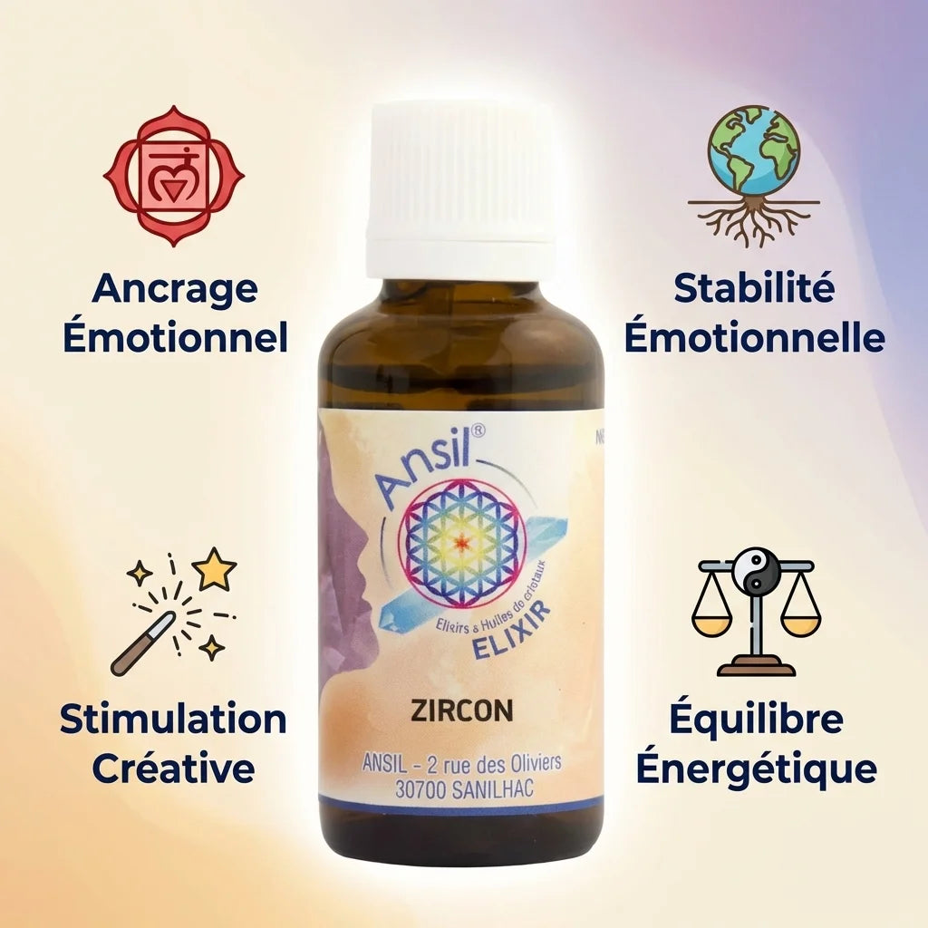 Zircon élixir cristal 30ml Ansil - bouteille ambre avec bénéfices bien-être et chakras