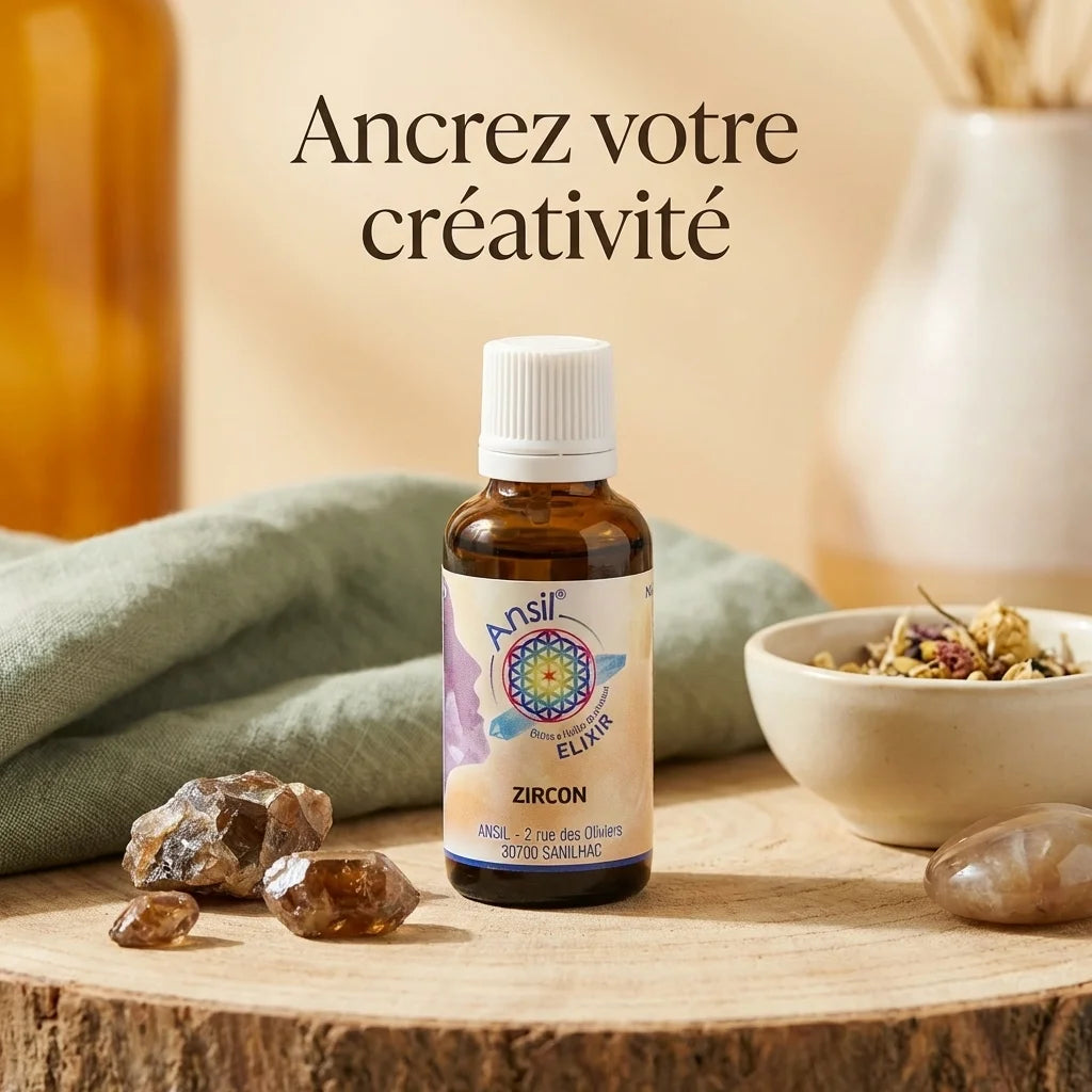 Flacon Ansil Zircon élixir de cristal 30ml sur bois avec cristaux et ambiance bien-être minimaliste