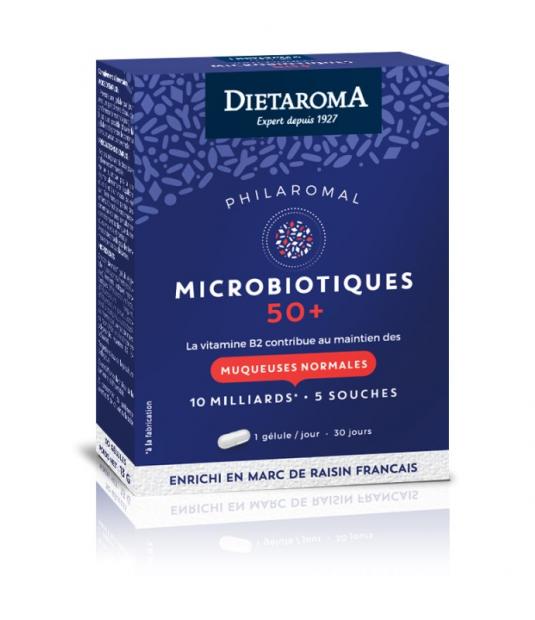 Philaromal Microbiotiques 50+ est un complément alimentaire formulé à partir de 5 souches microbiotiques sélectionnées et validées soit 10 milliards de ferments pour une flore intestinale optimale.